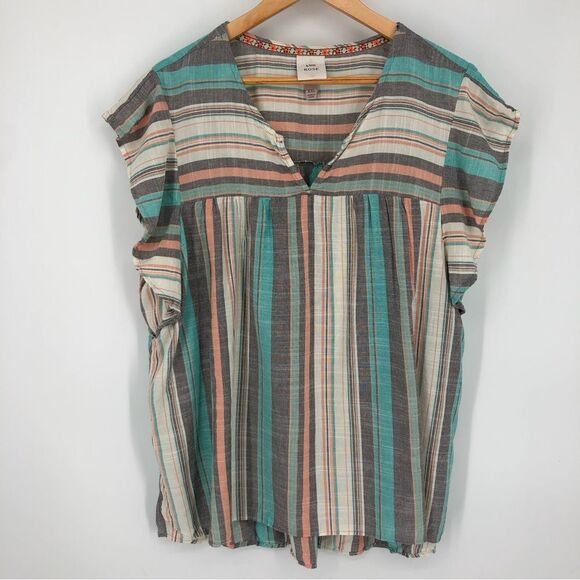Knox Rose Shirt Womens XXL Striped Split Neck Flutter Sleeve Colorful Artsy - Picture 1 of 10